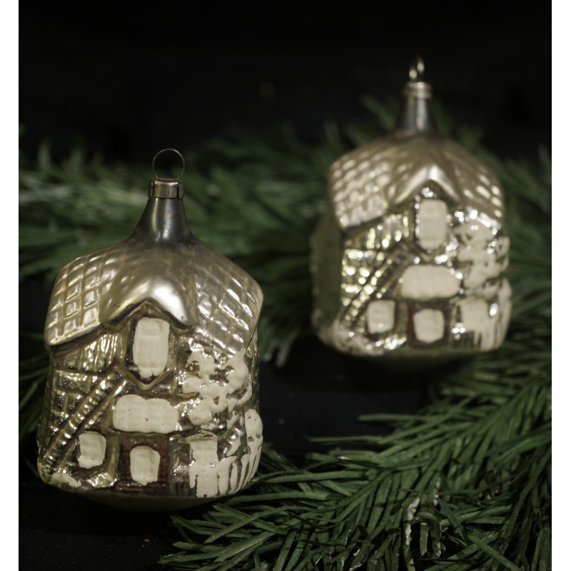 Antique glass ornament, houses, art nouveau, h: 8 cm.