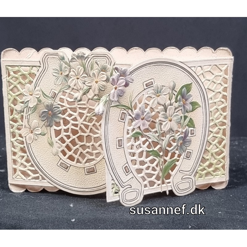 Antique greetings card, horseshoe and flowers, size: 9 x 14 cm.