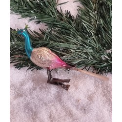 Antique exotic bird, with crown and green beak, l: 14,5 cm.