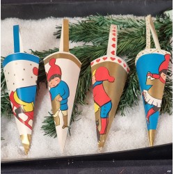 4 old candycontainers with elves, h: 21 cm.