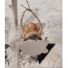 Antique cardboard ornament/Mica with wax doll in cradle, size: 4,5 x 3 cm.