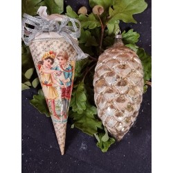 Tall, antique pine cone with snow, h: 12 cm.