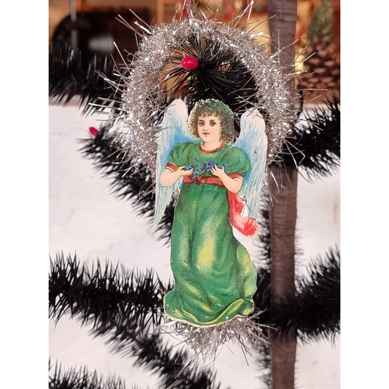 Antique tinsel ornament with angel, h: 16 cm.
