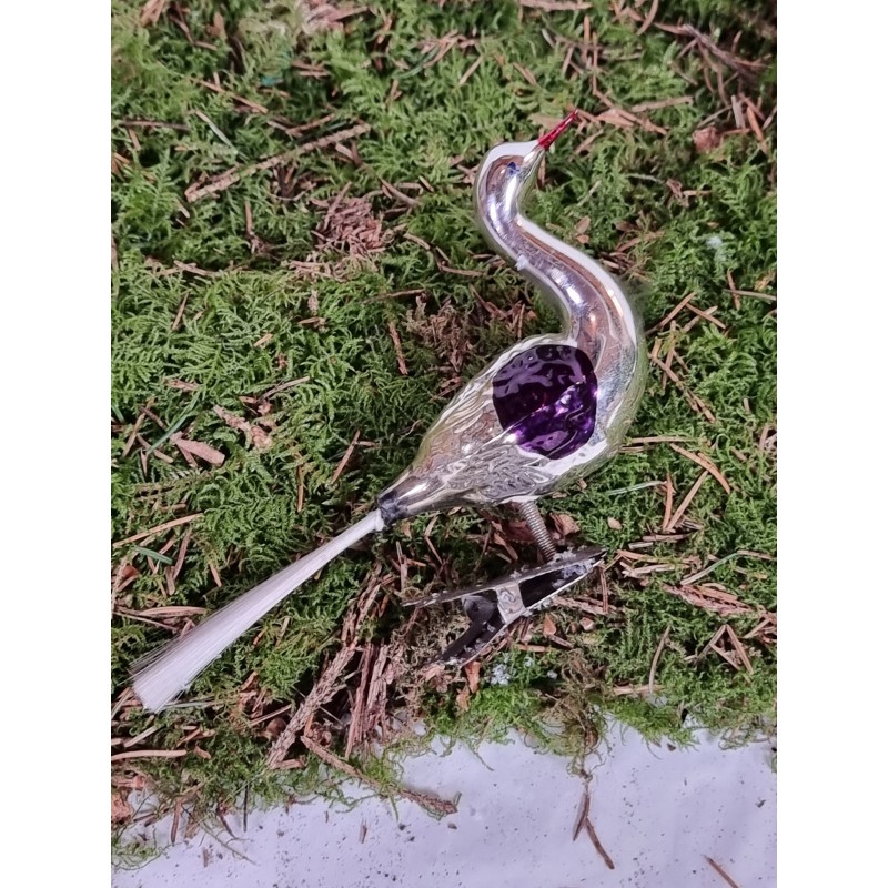 ANTIK EKSOTISK FUGL MED LILLA VINGESPEJL, L: 14 CM.