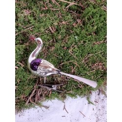 ANTIK EKSOTISK FUGL MED LILLA VINGESPEJL, L: 14 CM.
