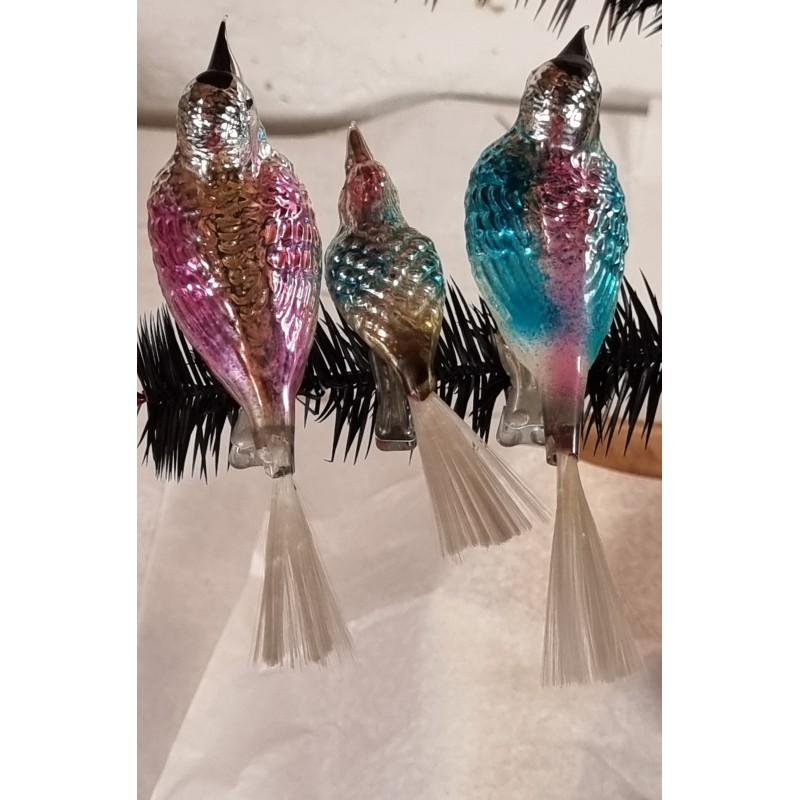 Old glass ornaments, big birds with a black skull, pastel, l: 17 cm.