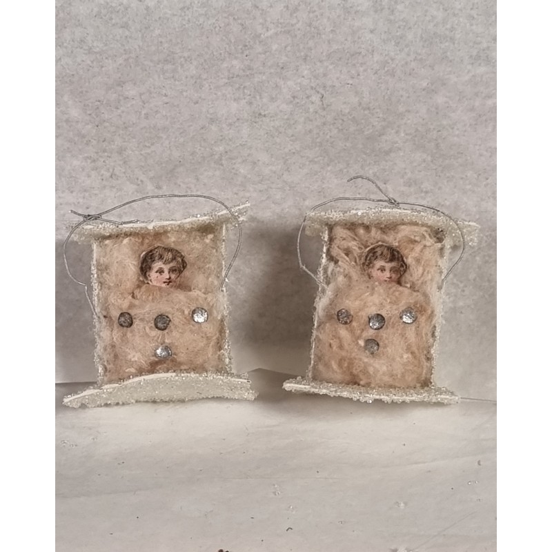 Old cardboard/cotton ornaments with sugar, 2 cradles with girls, size: 4 x 4 x 2,5 cm. (2x)