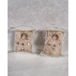 Old cardboard/cotton ornaments with sugar, 2 cradles with girls, size: 4 x 4 x 2,5 cm. (2x)