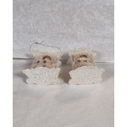 Old cardboard/cotton ornaments with sugar, 2 cradles with girls, size: 4 x 4 x 2,5 cm. (2x)