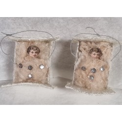 Old cardboard/cotton ornaments with sugar, 2 cradles with girls, size: 4 x 4 x 2,5 cm. (2x)