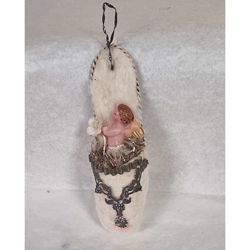 Antique cotton ornament, slipper with wax angel, h: 9 cm.