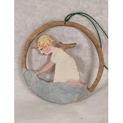 Gammelt pap/træ pynt, engel i himlen, h: 6,5 cm.