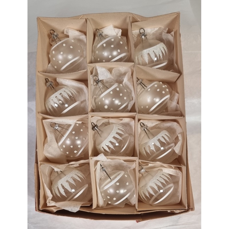 Box of old glass ornaments, unsilvered ornaments with "snow", h: 5 cm.