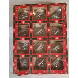 Box of old glass ornaments, unsilvered ornaments with "snow", h: 5 cm.