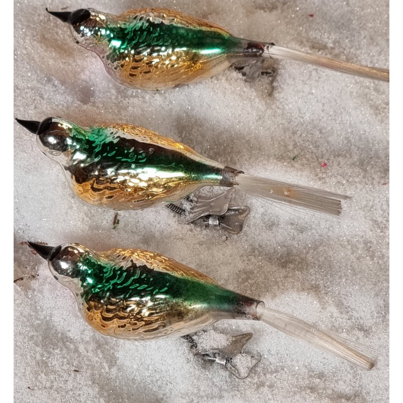 Old glass ornaments,tall birds with black skull, green, yellow, pink, l: 17 cm.