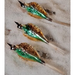 Old glass ornaments,tall birds with black skull, green, yellow, pink, l: 17 cm.