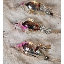 Old glass ornaments,tall birds with black skull, green, yellow, pink, l: 17 cm.