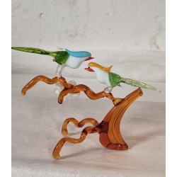 Old Lauscha display with glass flower and exotic birds, h: 9,5 cm.