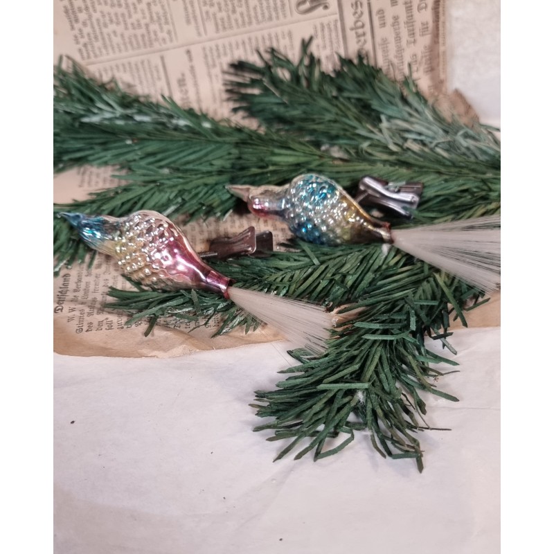 Gammelt glaspynt, fugle, pastel farvede, l: 12 cm.