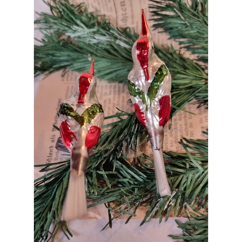 Antikt glaspynt, fugle med farvede tegninger, l: 10 cm. (2stk)