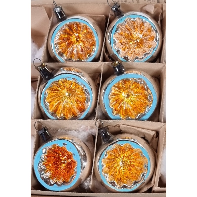 Box with glass ornaments, rare reflectors, blue, golden, h: 5 cm.