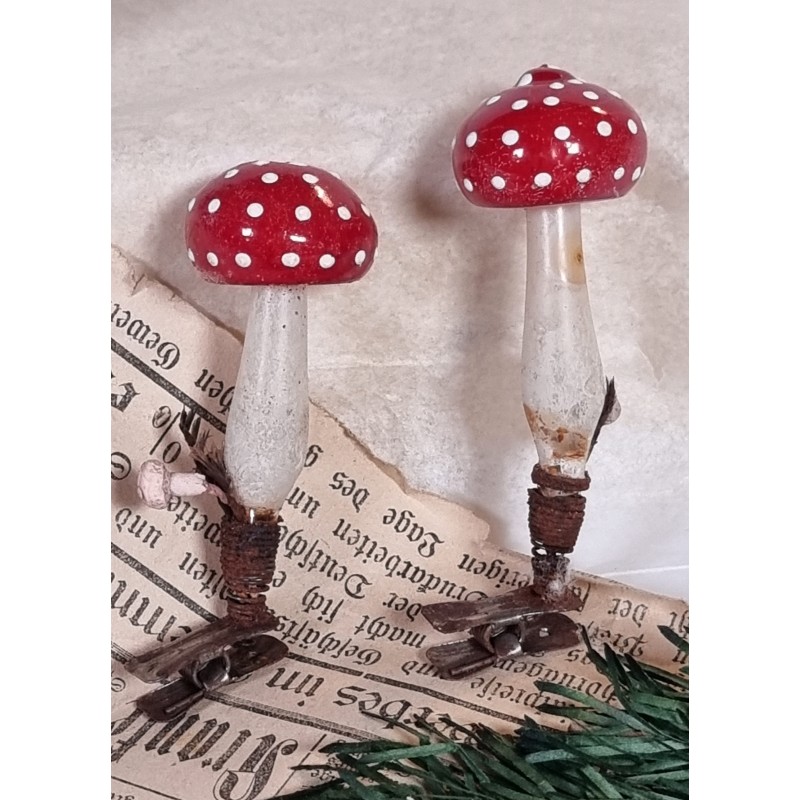Old glass ornament, mushroom on clip, h: 9 cm.