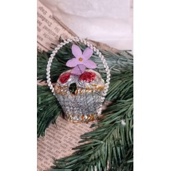 Old glass ornament, flower basket with wire and chenille, h: 7 cm.