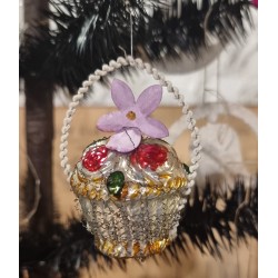 Old glass ornament, flower basket with wire and chenille, h: 7 cm.