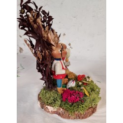 Old display from Erzgebirge with bunnies, h: 15,5 cm (bunnies) 24 cm (leaves behind).