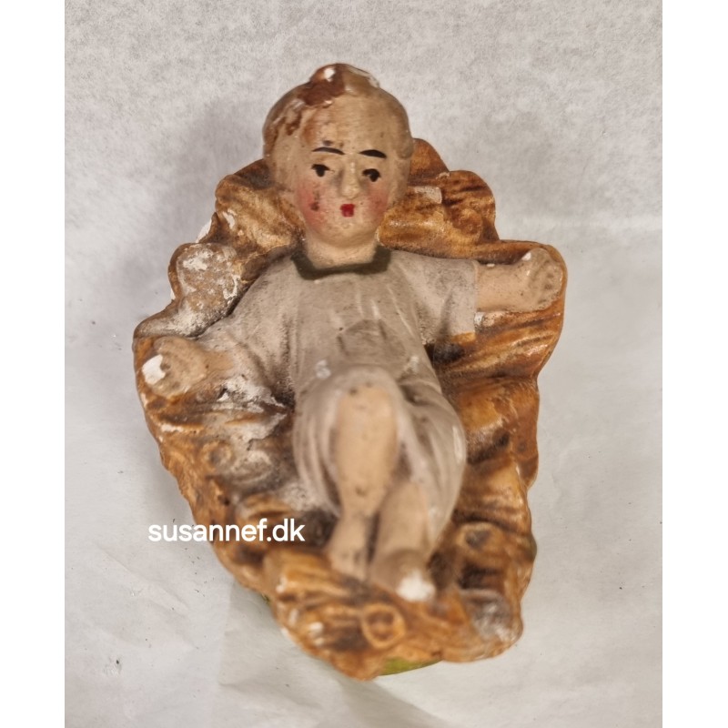 Old crib with Jesus child, size: 9 x 6,5 cm.