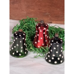 Gammelt glaspynt, 3 farvede klokker med prikker, h: 6,5 cm. (3stk)