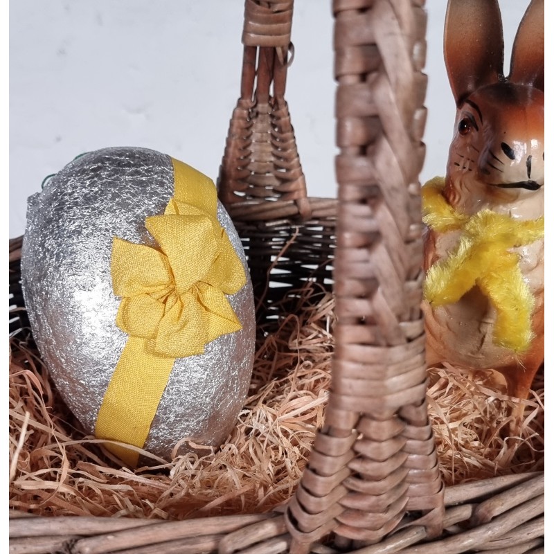 Antique cardboard Easter egg, foil with bow, h: 14 cm.