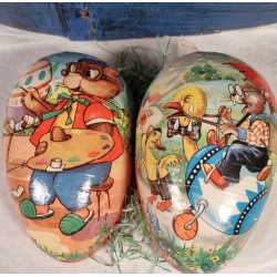 Gammelt pap påskeæg, hare på tur, h: 12 cm.