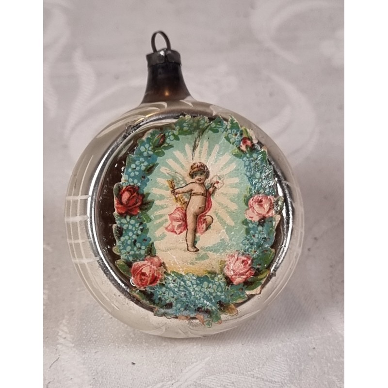 Antik reflektor med glansbillede, h: 7 cm.