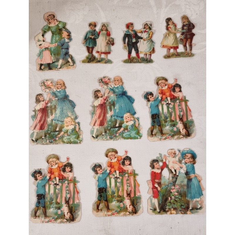 10 gamle glansbilleder, grupper, h: 8,5 cm (den højeste)