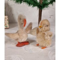 2 old Steiff animals, gosling and chicken, h: 11 - 10 cm (2x)