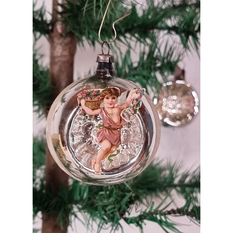 Old glass ornament, refl. with angels, h: 6 cm.