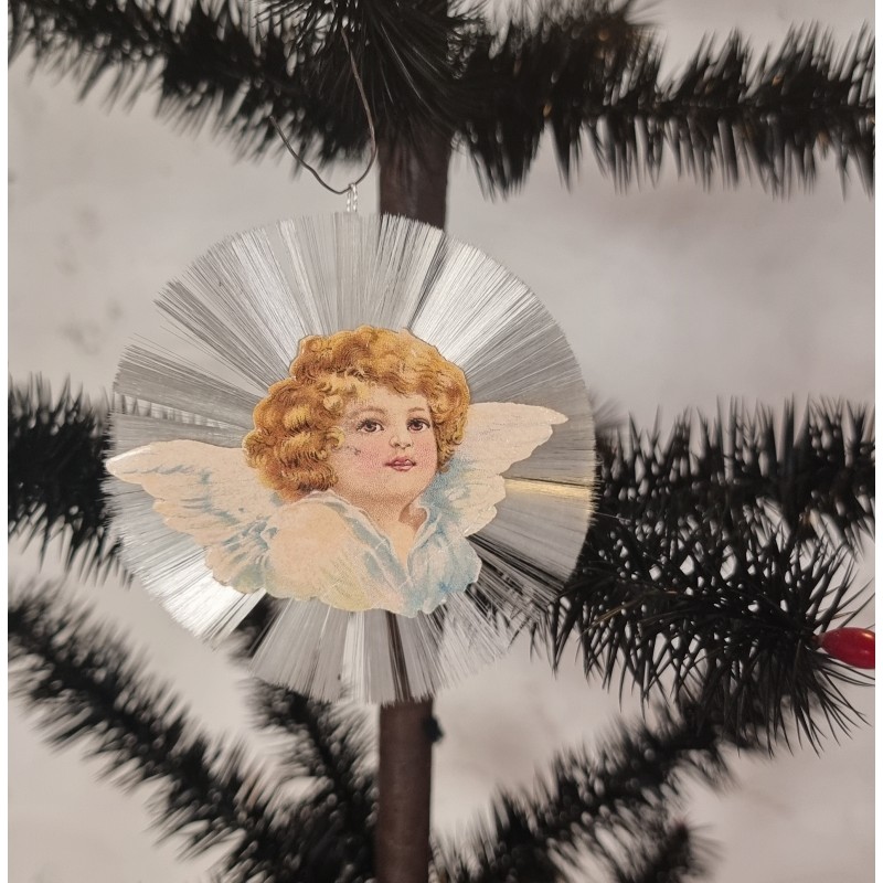 Antique glass thread ornament with angel and Dresden star, h: 9,5 cm.