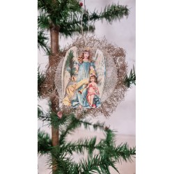 Antique tinsel/gauze ornament with angels and Dresden cardboard, size: 10 x 11 cm., h: