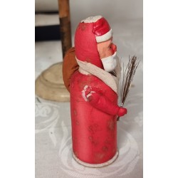Antique Santa with a sack, cotton and papier mache, h: 14 cm.