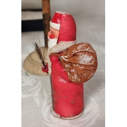 Antique Santa with a sack, cotton and papier mache, h: 14 cm.