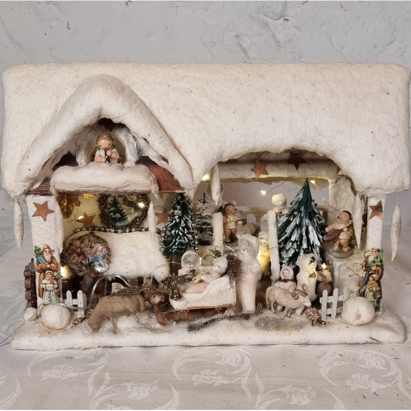 German snowhouse with 8 cotton dolls and 3 Wendt und Kühn angels, plays Christmas songs, size: 46 x 33 x22 cm.