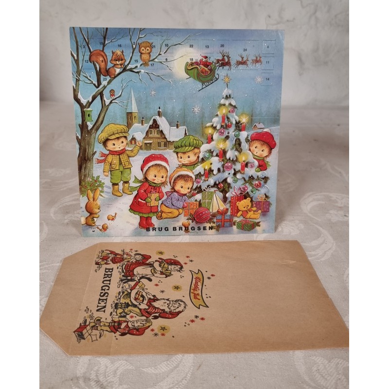 Gammel reklame julekalender og julepose fra Brugsen, mål: 21,5x21,5 + 24x15,5 cm.