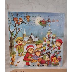 Gammel reklame julekalender og julepose fra Brugsen, mål: 21,5x21,5 + 24x15,5 cm.