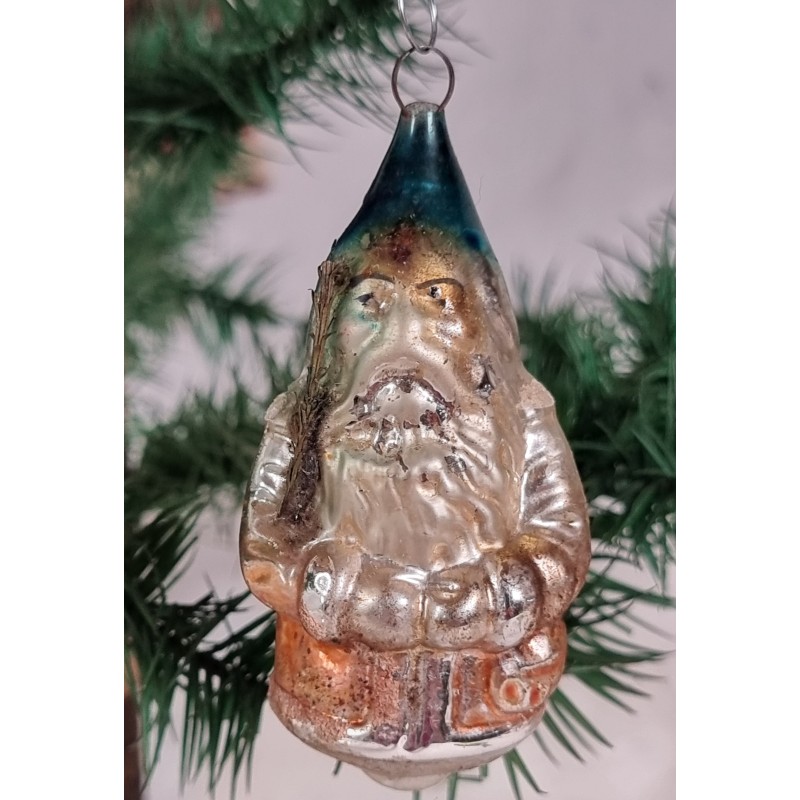 Antique glass ornament, Santa with a spruce branch, h: 8 cm.