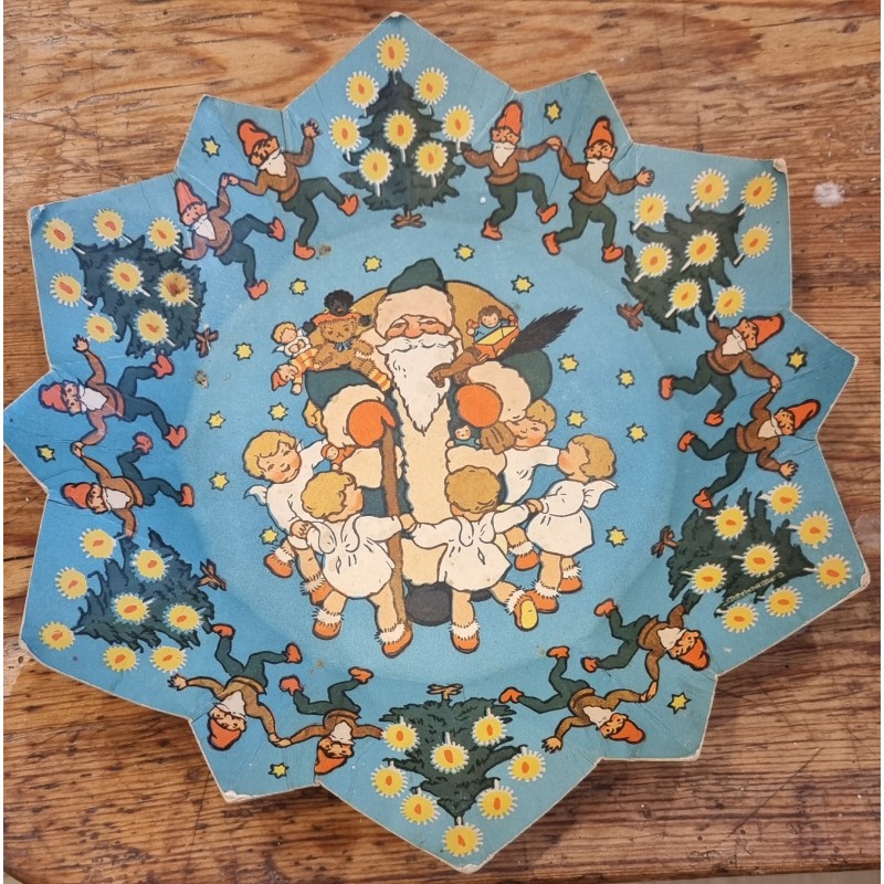 Antique Christmas plate, Santa and angels, Ø: 30 cm.