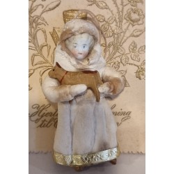Cotton ornament, girl with antique bisquit head and dog, h: 9 cm.