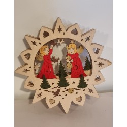 Gammelt juleophæng i træ med engle og lys, Ø: 29 cm.