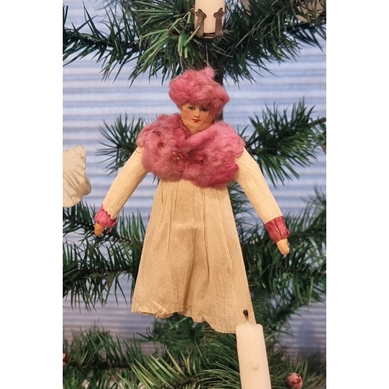 Antique ornament, lady in crepe, cotton and papier mache, h: 12 cm.