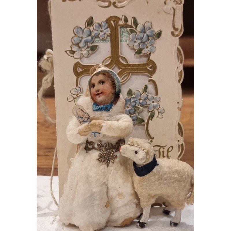 Old cotton ornament, girl with swaddle baby, antique card and sheep, h: 9 cm (cotton), 13 cm (card).